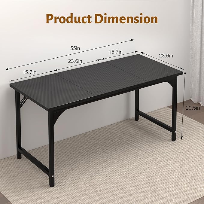 AZN Computer Desk, 55in Computer Desk, Gaming Office Desk w/Carbon Fiber Tabletop, Gaming Office Desk w/Sturdy Metal Frame, Home Office Desks w/Large Legroom for Game Work Study Writing, Black