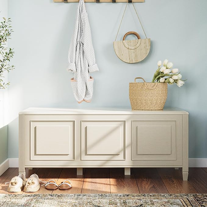 SIMPLIHOME Connaught Entryway Storage Bench - 51 inch Wide Solid Wood Storage Trunk Seat in Antique White, Traditional Bench for Entryway or Living Room with Lift-Up Lid and Decorative Moulding