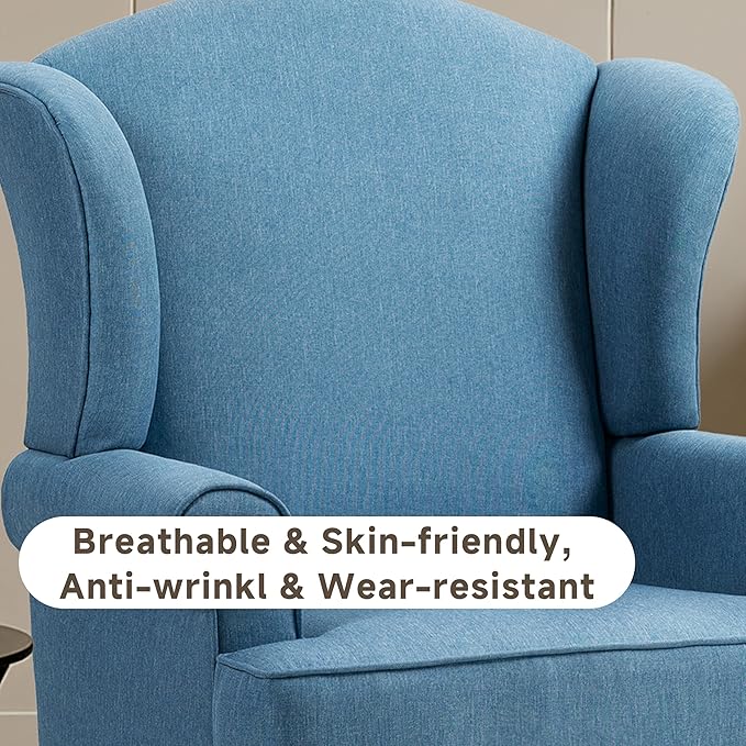 Pia Ricco Set of 2 High Back Accent Chairs: Upholstered Fabric Armchairs with Solid Wood Legs - Retro Living Room Pair, Comfy Reading Sofa Seats-Ocean Blue