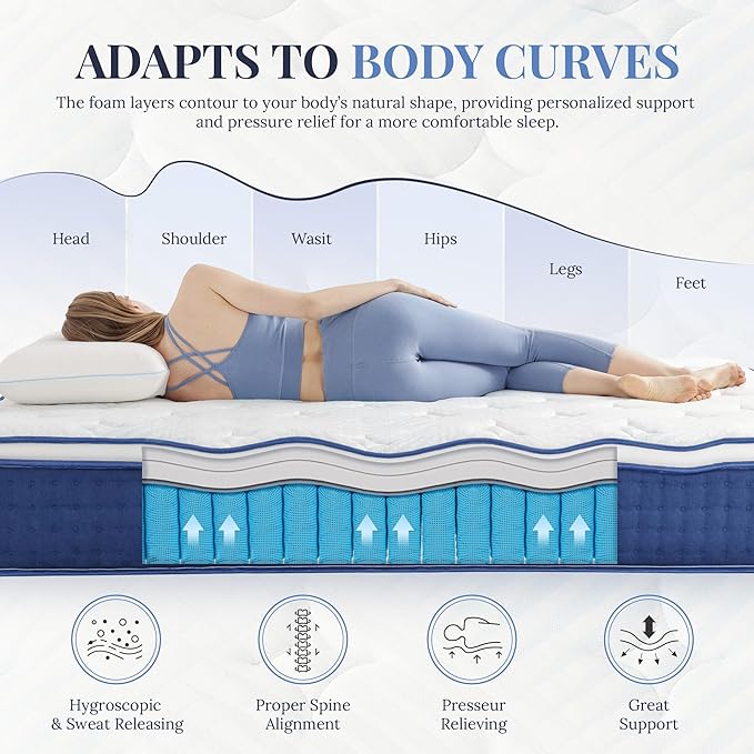 King Size Mattress, 10 Inch Hybrid Mattress King Size, Medium Feel Foam and Individual Pocket Springs, Extra Edge Support, Pressure Relief, CertiPUR-US, Blue