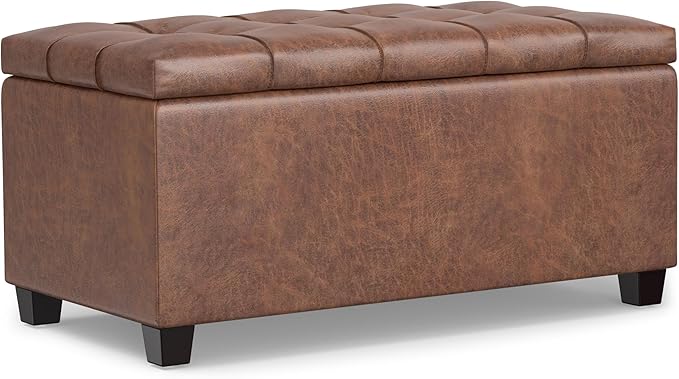 SIMPLIHOME Sienna 33 inch Wide Transitional Rectangle Storage Ottoman Bench in Distressed Saddle Brown Vegan Faux Leather, Assembled, for The Living Room, Entryway and Family Room