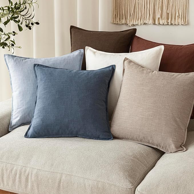 Foindtower Pack of 2, Decorative Linen Soild Throw Pillow Covers Soft Accent Euro Cushion Case Boho Farmhouse Pillowcase for Chair Couch Sofa Bedroom Living Room Home Decor 24 x 24 Inch Sky Blue