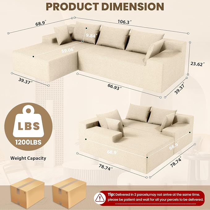 LEVELEVE 107" Cloud Sectional Couch with Deep Seat，Modern Modular Sofa with L-Shape Chaise，No Assembly Required, Upholstered Couches for Living Room Bedroom(Beige,Left Facing Chaise)