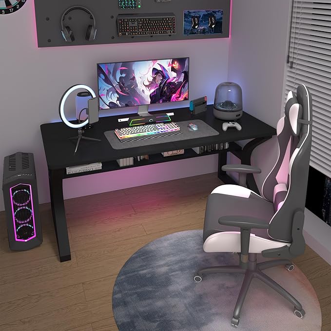 StarGraph Computer Desk 55'' Large Home Office Desk with Sturdy Metal Frame U Shaped Modern Computer Desks with Storage Study Writing Office Work from Home Desks (Black, 55 inch)