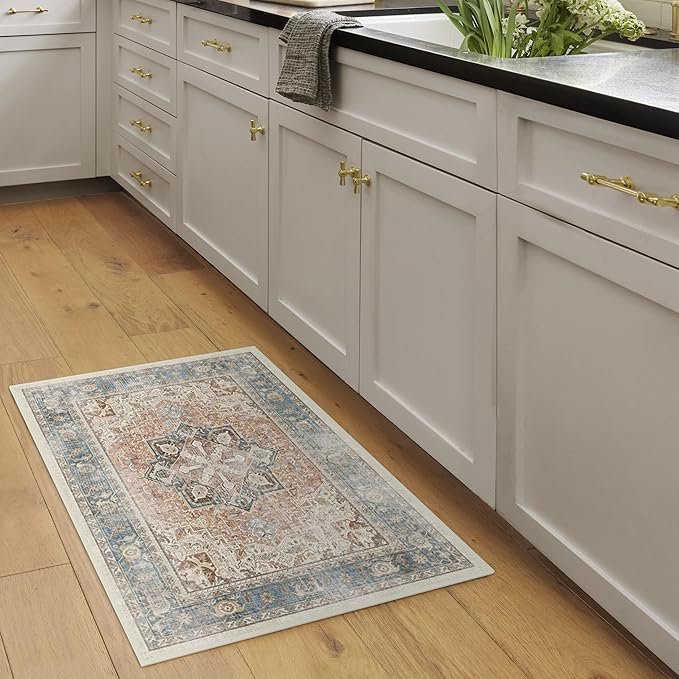 RUGGABLE Washable Vintage Area Rug – Kamran Coral 2x3, Stain-Resistant, Non-Slip – Small Machine Washable Rugs for Living Room, Bedroom, Hallway, Entryway & Bathroom–with Cushioned Pad