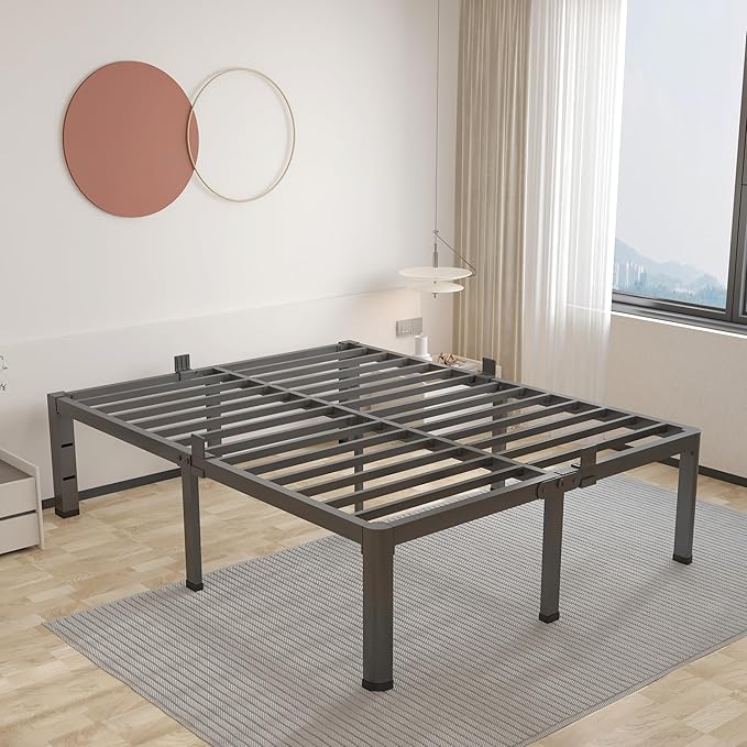 ROIL 14 inch California King Size Bed Frame Metal Platform No Box Spring Needed with Headboard Hole Round Corner Legs Mattress Retainers 3500LBS Heavy Duty Steel Slats Noise-Free Storage