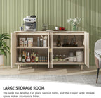 Beige Sideboard Cabinet with 4 Rattan Doors, Rattan Buffet Cabinet with Adjustable Shelves & Pine Legs, Boho Sideboard Buffet for Living Room, Kitchen, Entryway, Beige