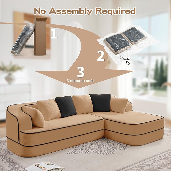 Cloud Sectional Sofa Modern Boneless Couch for Living Room, Comfy Deep Seat Comfy Teddy Fabric Double Sofa Chaise No Assembly Required (Camel, 106" L Shape with Right Facing)