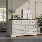 Farmhouse 7 Drawer Dresser for Bedroom, 54" Wide Wooden Dresser with Natural Texture & Vintage Metal Knobs, Large Chest of Drawers for Bedroom, Living Room, Hallway, Antique White