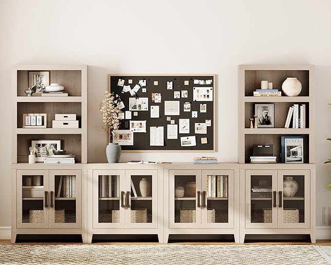 WAMPAT Farmhouse Entertainment Center with Bookshelves, 4-Piece Modular TV Stand with Storage Towers, Glass Doors, Open Shelves, Media Console for Living Room, Home Theater, Beige