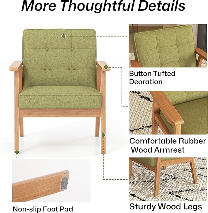 Modern Accent Chair with Arm Rest Set of 2, Upholstered Linen Fabric Leisure Chair Comfy Side Chair with Backrest Button and Wooden Frame for Living Room Bedroom Reading(Green)