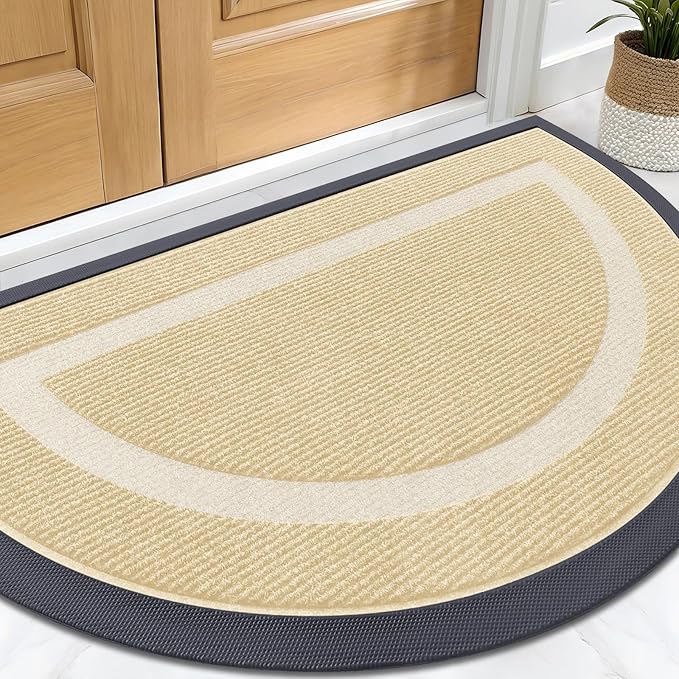OLANLY Half Circle Door Mat Indoor Outdoor Entrance Welcome, Waterproof All-Season, All-Weather Doormat, Sturdy Natural Rubber, Low Profile, Easy Clean Patio Porch Entryway Mat, 33x21, Beige