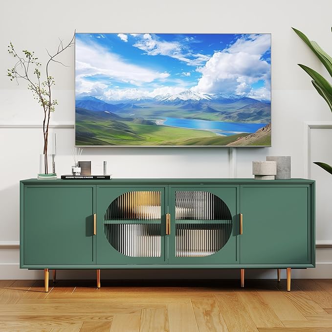 66" Modern TV Stand for TVs up to 75",TV Cabinet with Glass Door,Entertainment Center with Storage,Television Stands with Gold Legs,Media Console for Bedroom,Living Room,Green