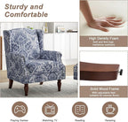 Pia Ricco High Back Floral Accent Chair - Retro Wingback Upholstered Armchair with Nailhead Trim, Solid Wood Legs, Fabric Living Room Bedroom Reading Chair (Flower Navy)