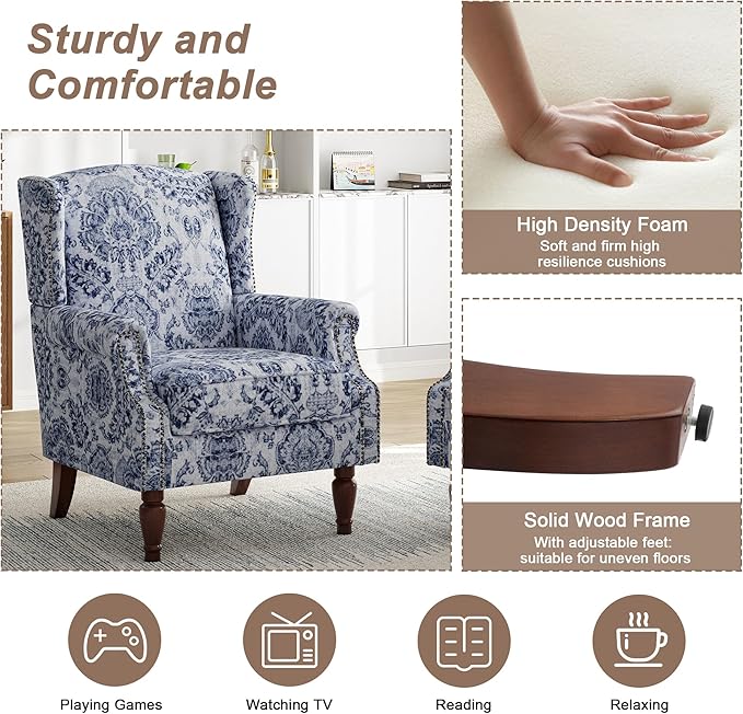 Pia Ricco High Back Floral Accent Chair - Retro Wingback Upholstered Armchair with Nailhead Trim, Solid Wood Legs, Fabric Living Room Bedroom Reading Chair (Flower Navy)