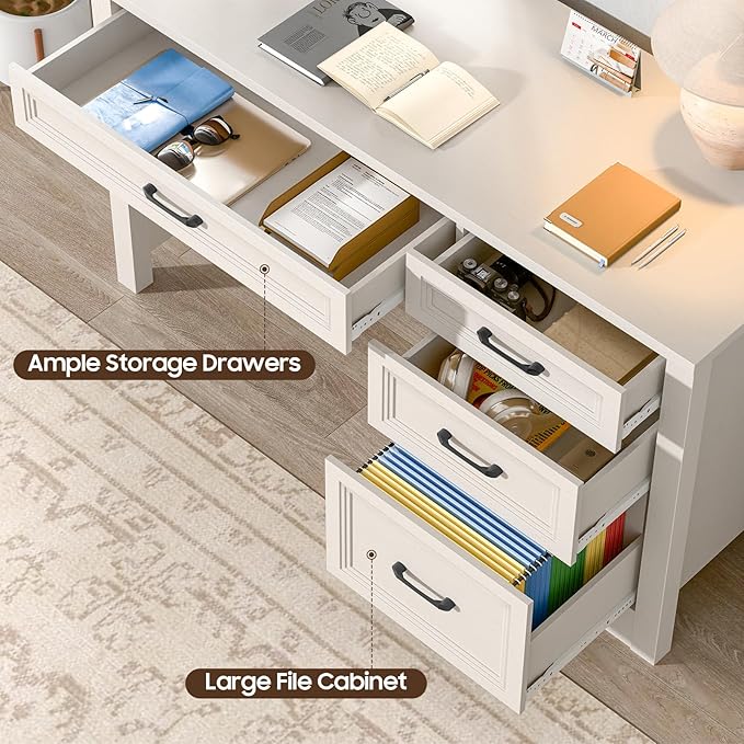 Vabches Farmhouse Executive Desk with Storage and Ample File Drawer, Rustic Large Home Writing Desk for Bedroom, Pure White