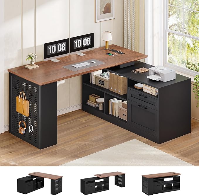 L Shaped Desk, 55" Reversible Office Desk with File Drawers & Storage Shelves, Modern Executive Desk with Power Outlets, Pegboard, 6 Hooks, Rotating Corner Computer Desk for Home Office, Walnut