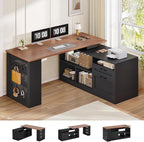 L Shaped Desk, 55" Reversible Office Desk with File Drawers & Storage Shelves, Modern Executive Desk with Power Outlets, Pegboard, 6 Hooks, Rotating Corner Computer Desk for Home Office, Walnut