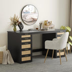 WOPITUES 60" Boho Home Office Desk with 10 Wooden Drawers, Rattan Computer Writing Desk with Power Outlets, Large Executive Desk with Storage Cabinet for Work Study Writing Craft, Black