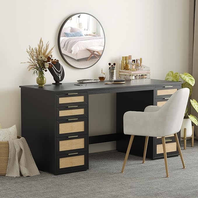 WOPITUES 60" Boho Home Office Desk with 10 Wooden Drawers, Rattan Computer Writing Desk with Power Outlets, Large Executive Desk with Storage Cabinet for Work Study Writing Craft, Black