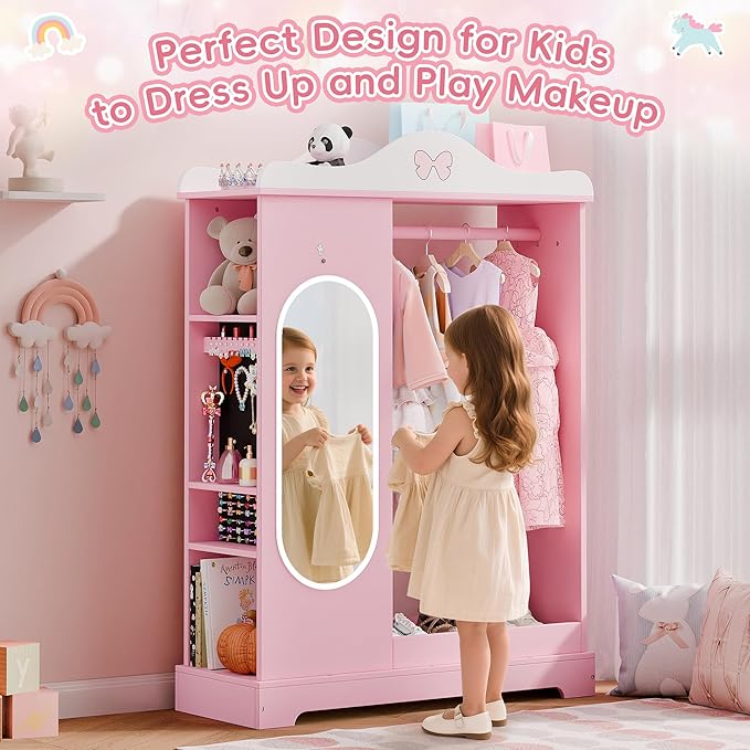 Xilingol Kids Armoire with a Jewelry Cabinet, Princess Dress Up Closet with Mirror, Kids Wardrobe Closet with Storage Shelves, Armoire Costume Organizer for Bedroom, Kids Room, Girl (Pink)