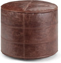 SIMPLIHOME Connor Boho Round Pouf in Distressed Brown Genuine Leather for the Living Room, Bedroom and Kids Room