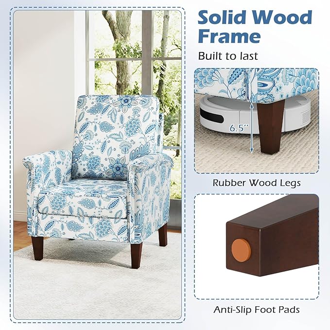 GOFLAME Floral Accent Chair, Comfy Upholstered Armchair with Rubber Wood Legs and Thick Padded Cushion, High Back Single Sofa Chair, Reading Side Chair for Living Room, Bedroom, Blue