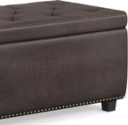 SIMPLIHOME Hamilton 48 inch Wide Transitional Rectangle Storage Ottoman in Distressed Brown Vegan Faux Leather, Assembled, For the Living Room, Entryway and Family Room