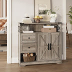 Fameill Farmhouse Storage Cabinet with Drawers and Open Storage,Freestanding Kitchen Pantry with 2 Barn Doors, Floor Cabinet with Adjustable Shelf for Living Room,Grey