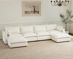 chairus 126" Modular Sectional Sofa with 2 Moveable Ottoman Upholstered Deep Seat Linen Couch Set with Soft Pillows U Shaped Sofa Couch for Living Room, Apartment, Reception Room, 4-Seater/White