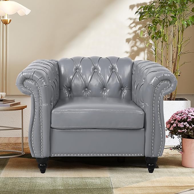 Faux Leather Sofa Couches Set, Modern Comfy Upholstered Couch with Cushions, Home Sofa Sectional Furniture Sets, 3-Piece Mid Century Tufted Chesterfield Couches for Living Room, Bedroom, Office