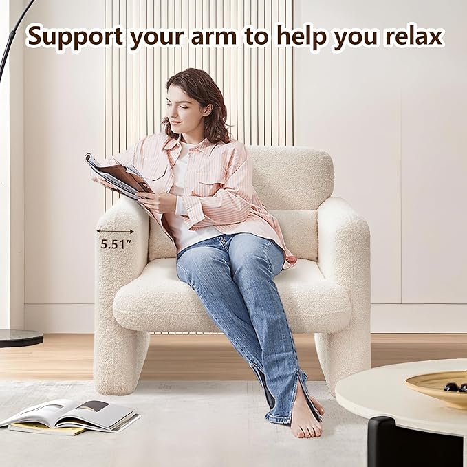 Modern Accent Single Sofa Chair with Arms, Lamb Fabric Upholstered Comfy Reading Arm Chair for Bedroom, Living Room-Beige