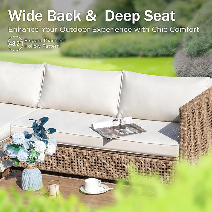 PHI VILLA Wicker Patio Furniture Set, Sectional Outdoor Sofa with Cushions and Acacia Wood Coffee Table, L-Shaped Small Patio Conversation Set, Beige