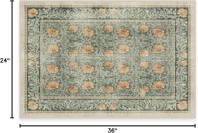 RUGGABLE x Morris & Co Washable Area Rug– Pimpernel Vintage Green 2x3, Stain-Resistant, Non-Slip – Small Machine Washable Rugs for Living Room, Bedroom, Hallway, Entryway & Bathroom–with Standard Pad