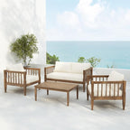 Scott Living Darla 4 Piece Outdoor Rustic Acacia Wood Seating Set, 4 Seater Conversation Set, Acacia Wood Loveseat and Club Chairs, Sofa Set with Cushion, Retangular Coffee Table, Light Gray+Beige