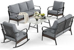 5 Piece Metal Outdoor Patio Furniture Set, Patio Conversation Sets 3-Seater Sofa, 2-Seater Sofa, 2 Rocking Sofa with 5.75" Thick Cushion & Coffee Table Black Backyard Furniture, Gray