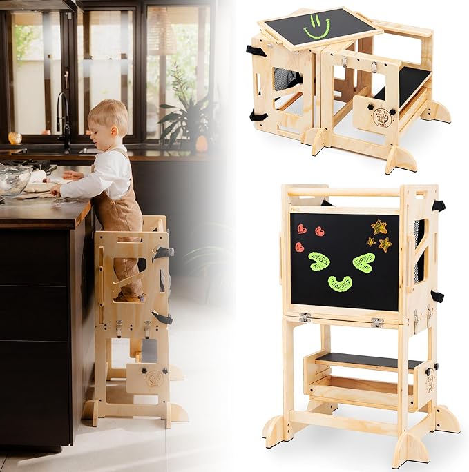 4-in-1 Montessori Smart Learning Tower – Convertible Toddler Step Stool, Activity Table & Chalkboard Center, Adjustable Height with Safety Net – Premium Eco-Friendly Wooden Design for Kids 1–3