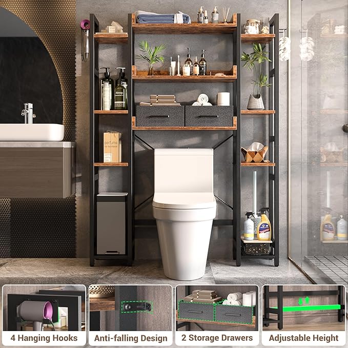 Over The Toilet Storage with 2 Drawers - 11 Tier Bathroom Organizer Freestanding Space Saver Storage Rack with Adjustable Shelf Above Toilet Stand with 4 Hooks for Restroom, Laundry, Rustic Brown