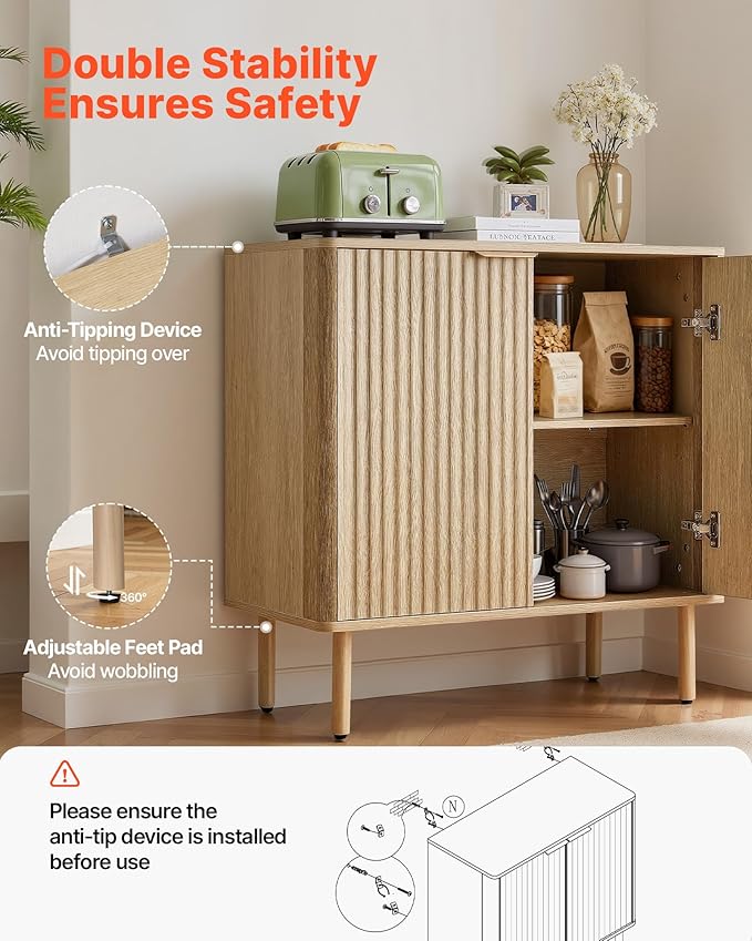 VEVOR Fluted Cabinet, Buffet Cabinet with 2-Tier Storage, Coffee Bar Cabinet with Adjustable Shelves, Sideboard Buffet for Hallway, Entryway, Living Room, or Kitchen, Oak