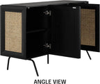 NTC MOSSIC Modern Sideboard with 3 Doors, Natural Rattan Storage Cabinet, Buffet with Metal Legs, Boho Accent Cabinet for Living Room, and Entryway, Effortless Assembly - Burnt Black