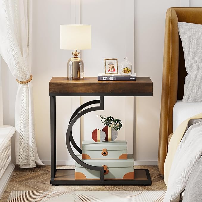 Tribesigns Narrow Side Table Brown Black C Shaped End Table Modern Bedside Tables for Couch, Small Sofa Tables with Metal Frame for Living Room (1, Brown+Black)