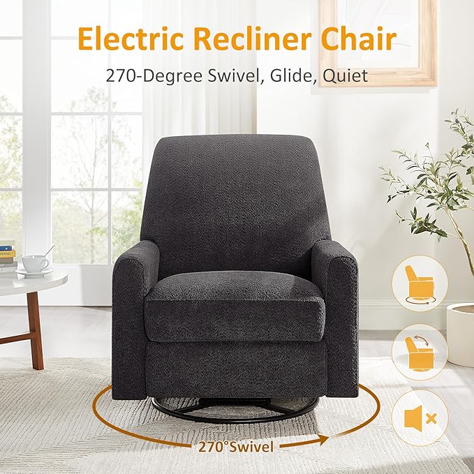 VANOMi Power Swivel Glider Recliner Chair, Electric Nursery Rocker Recliner Chair, USB & Type-C Charger, Charcoal Gray Boucle