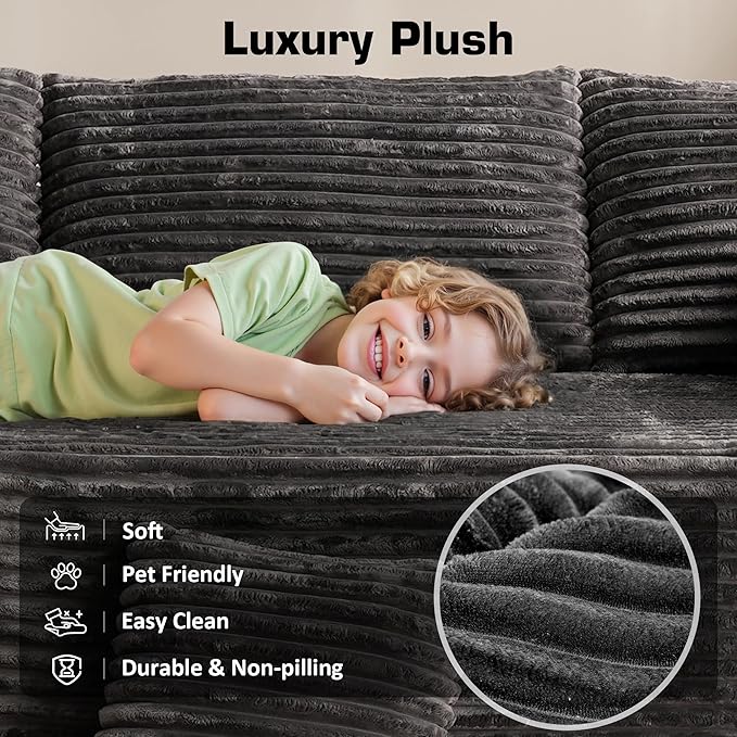 106" Cloud Sectional Couch with Chaise Lounge,L Shaped Modular Modern Sofa,Comfy Corduroy Fluffy Sofa with Deep Seat,No Assembly Required Couch for Living Room(Right,Plush Corduroy,Gray)