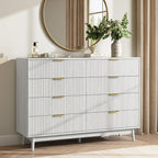 CARPETNAL Fluted 8 Drawer Dresser for Bedroom, 55" Wide Wooden Chest of Drawers with Rounded Corners, Gold Handles, Modern Storage Organizer for Bedroom, Hallway(White)