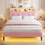 Full Size Bed Frames with Storage Headboard,Power Outlet, Modern Velvet Upholstered Platform Bed LED Bed Frame with 5 Storage Shelves, No Box Spring Needed, Pink