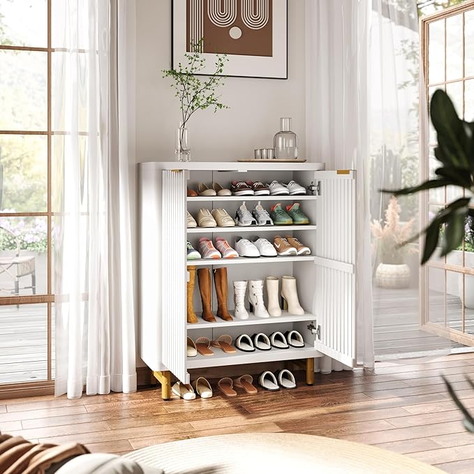 Tribesigns 6-Tier Farmhouse Shoe Cabinet with Shutter Doors, Wooden Shoe Organizer Rack with Adjustable Shelves, Modern Large Hidden Storage Furniture for Entryway, Hallway (White&Gold)