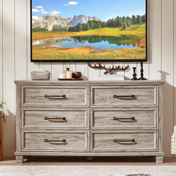 Farmhouse Bedroom Dresser and Nightstand Set of 4, 6 Drawer Low & 5 Drawers Dresser & 3 Drawer Nightstand Set with Wooden Legs, Rustic Wood Bedroom Furniture for Livingroom, Hallway, Grey