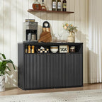 LEYAOYAO Fluted Buffet Cabinet with Storage, 45" Wide Wood Sideboard Credenza with 3 Doors & Open Storage Shelf, Modern Kitchen Console Accent Cabinets, Coffee Bar Table for Dining Room, Black Oak