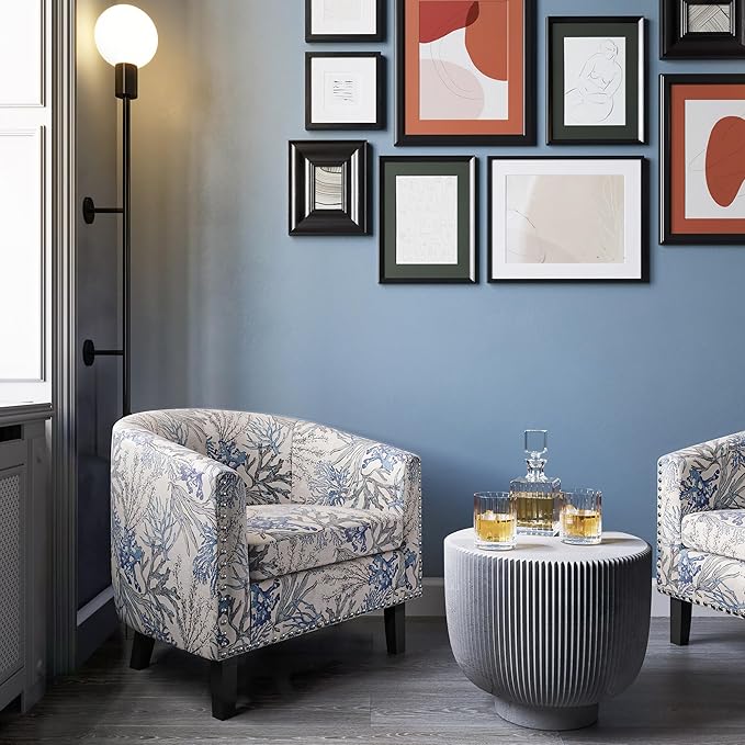 BELLEZE Accent Barrel Chair, Set of 2 Modern Faux Leather Tub Club Chair Upholstered Armchair with Gold Nail Head Trim and Black Legs for Living Room Bedroom Apartment Lounge - Blue Coral