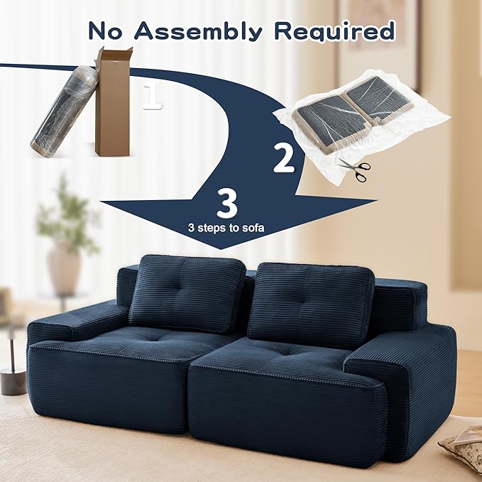 80.3” Blue Boneless Couches for Living Room, Modular Sectional Sofa, 2 Seater Comfy Upholstered Loveseat Deep Seat Corduroy Fabric Cloud Couch No Assembly, Anti-Slip Design